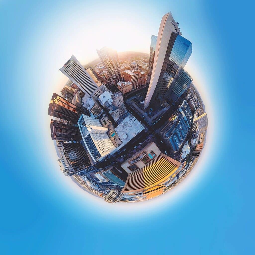 Fisheye view of city skyline